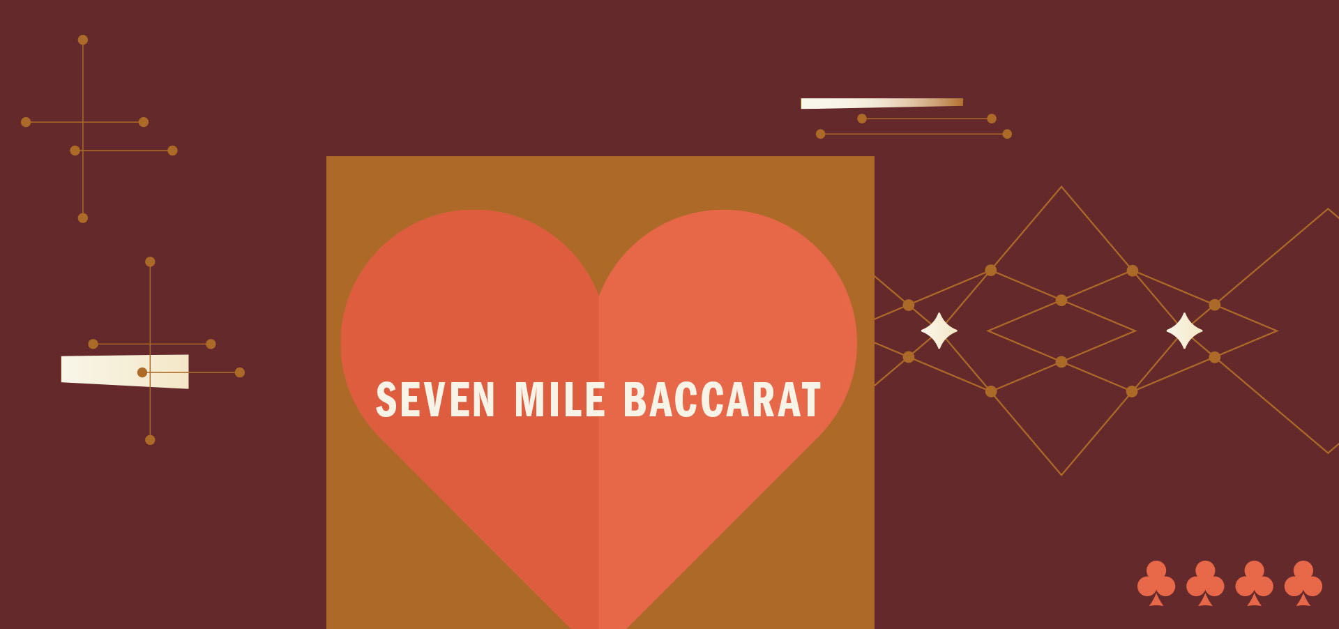 Maroon banner with orange club details. Heart block that reads Seven Mile Baccarat