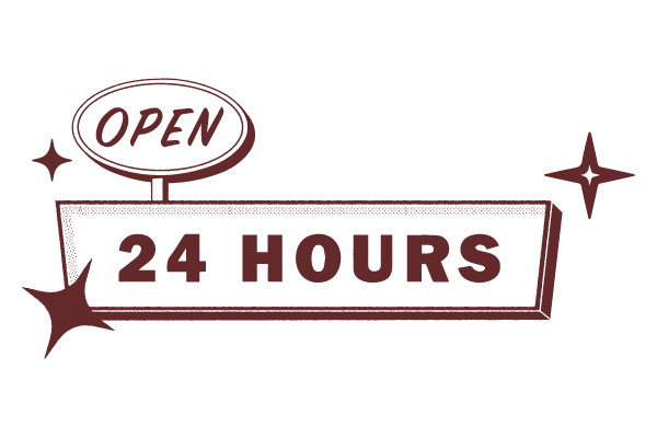 Illustration of marquee sign that says Open 24 Hours